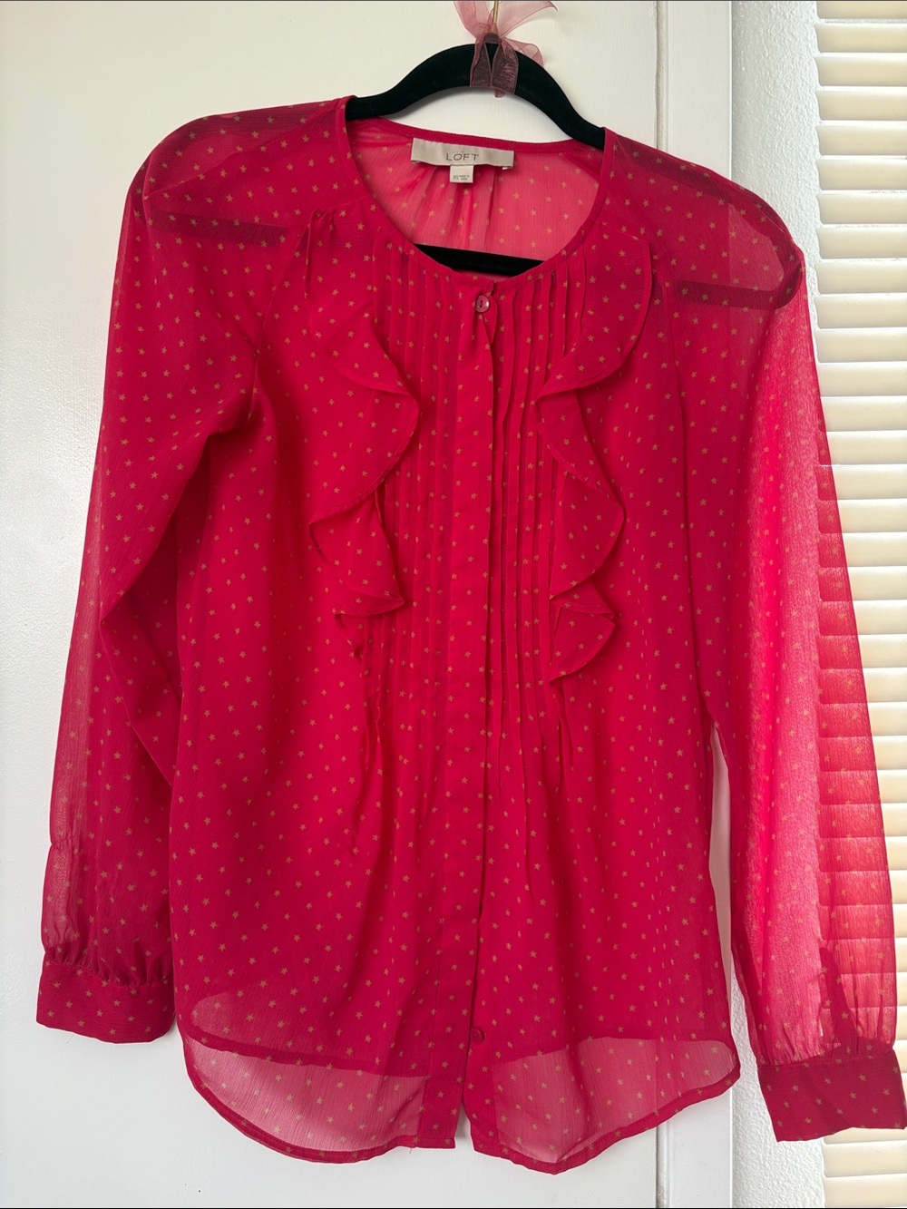 LOFT Sheer Ruffle Front Blouse - Hot Pink with Gold Dots